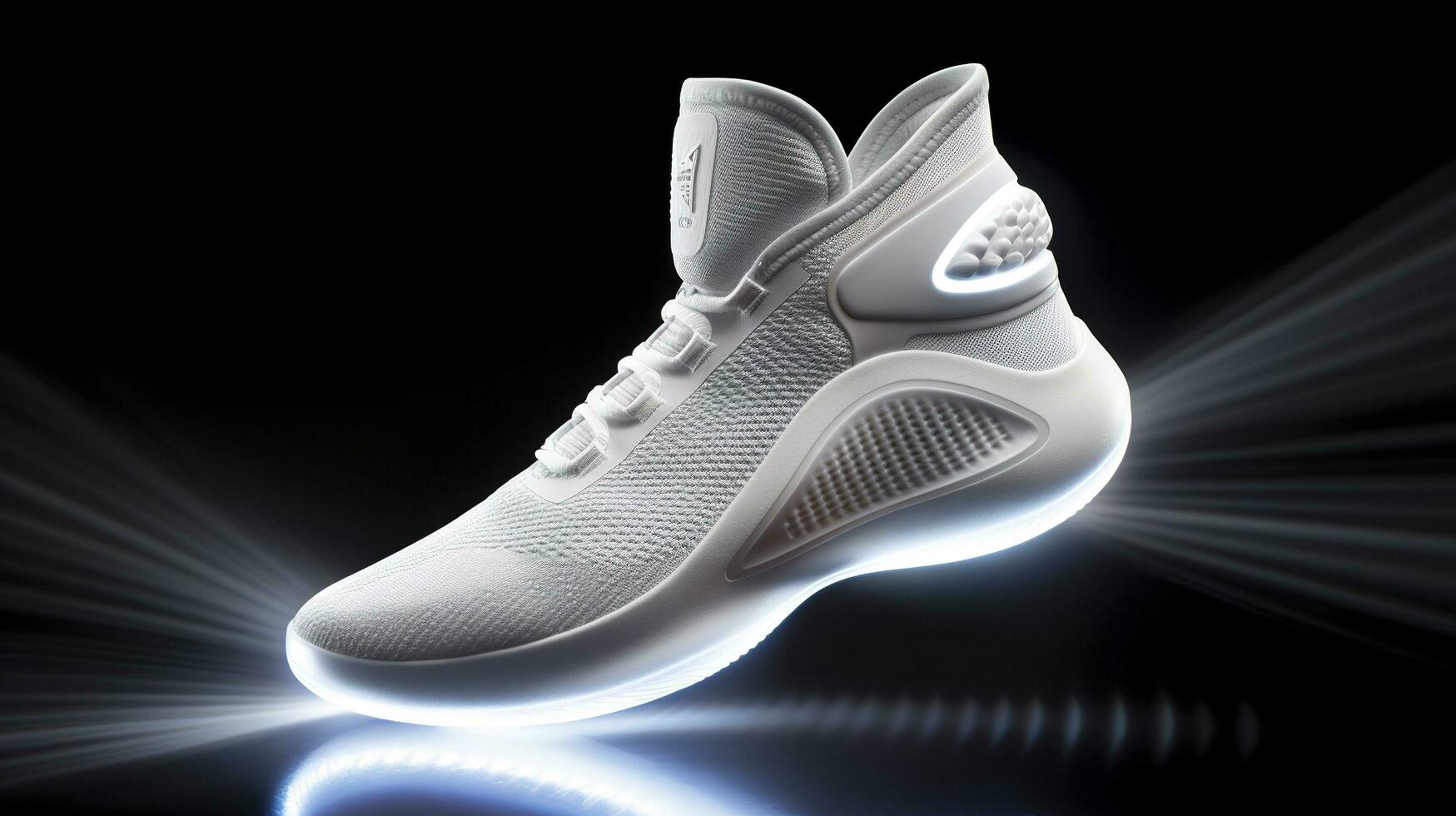 Futuristic fashion original sneakers. Future design of stylish sports shoes with neon glow, futuristic urban aesthetics. Sportswear, style and fashion, tomorrow footwear. AI Generative photo