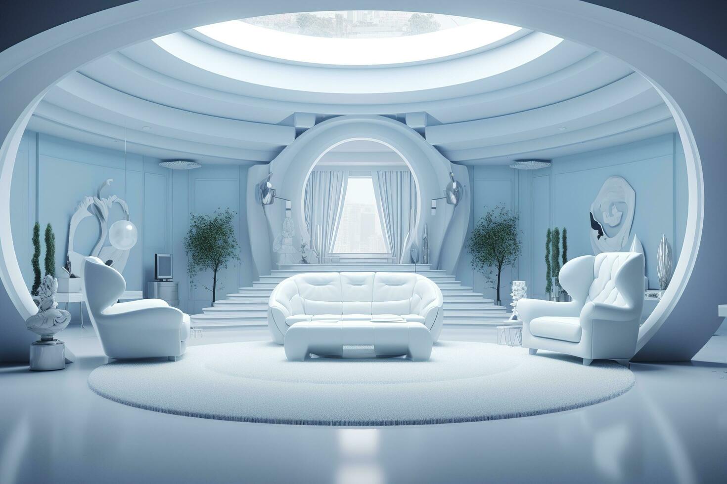 A professional and eye catching light blue with white living room in the metaverse, futuristic, AI Generative photo