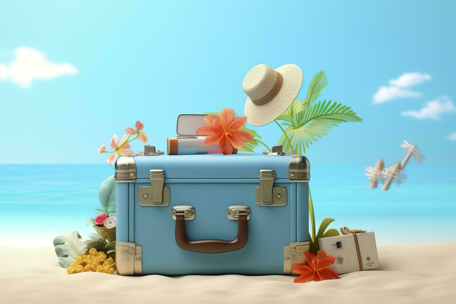 Creative Summer Beach Composition in Suitcase on Blue Background, A Travel Concept Idea in 3D Rendering. AI Generative photo