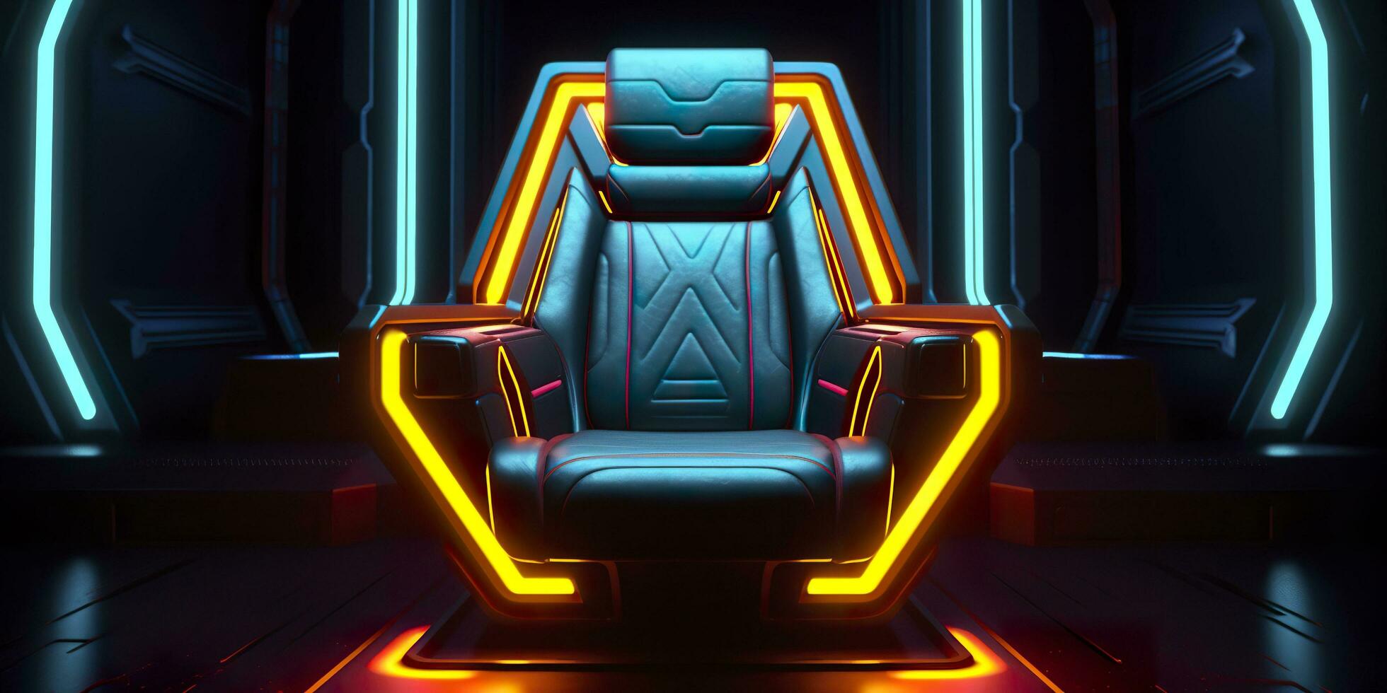80s Inspired Captain Chair from Star Trek with Neon Lights and Cockpit Interior Background. AI Generative photo
