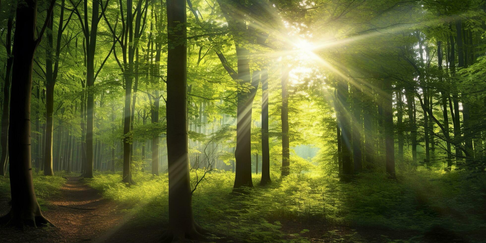 Beautiful rays of sunlight in a green forest. Generative AI photo