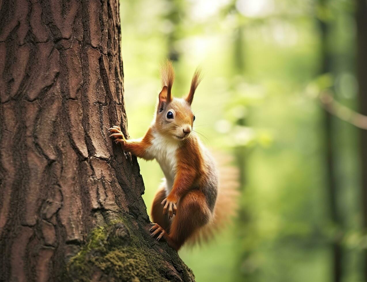 Beautiful squirrel on a tree in a forest park in the summer. Generative AI photo