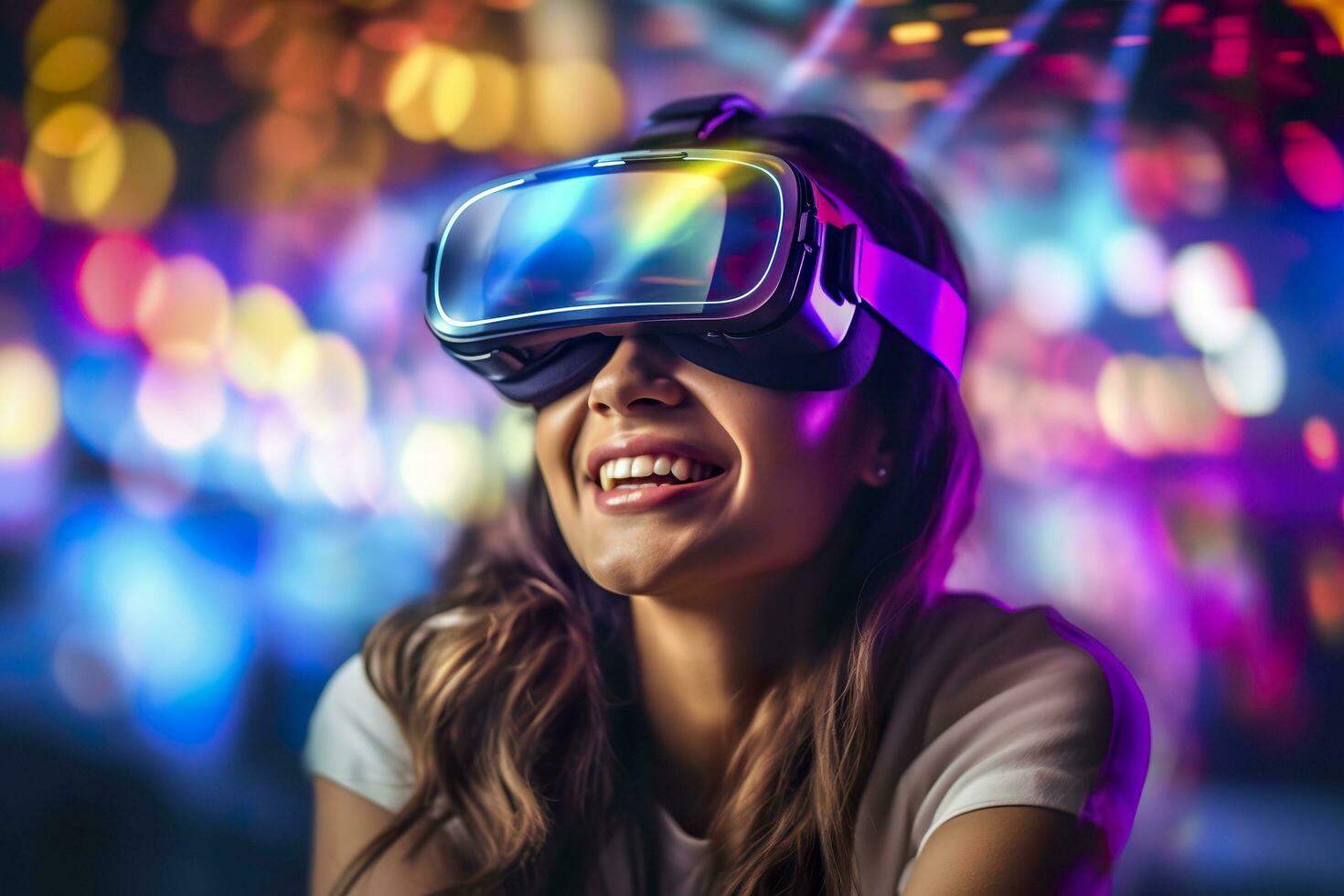 portrait of a smiling woman in casual clothes wearing Virtual Reality glasses, and playing, neo light, blurred neo color background, AI Generative photo