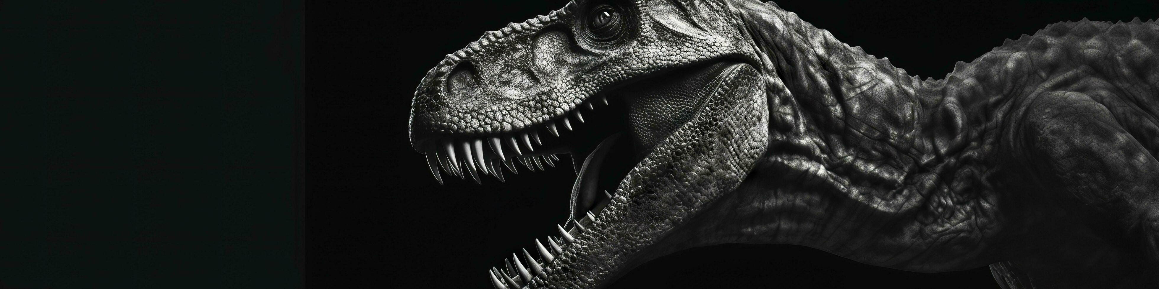 Black and white photorealistic studio portrait of a Tyrannosaurus Rex on black background. Generative AI photo