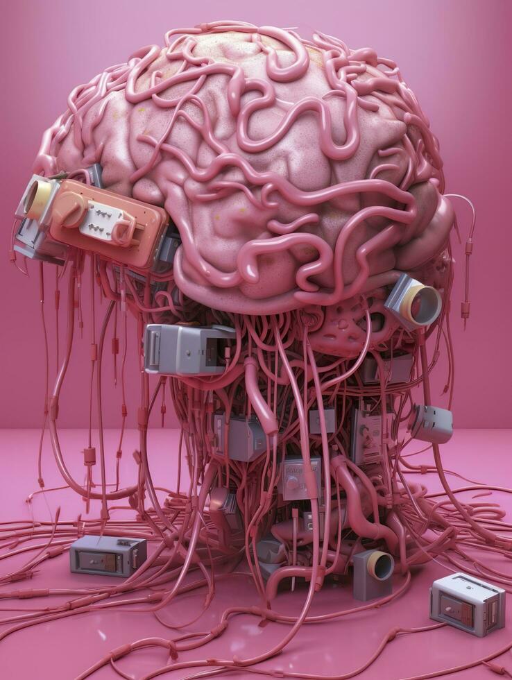 Big pink human brain with many audio jack cables plugged in this barin, 3d render, AI Generative photo