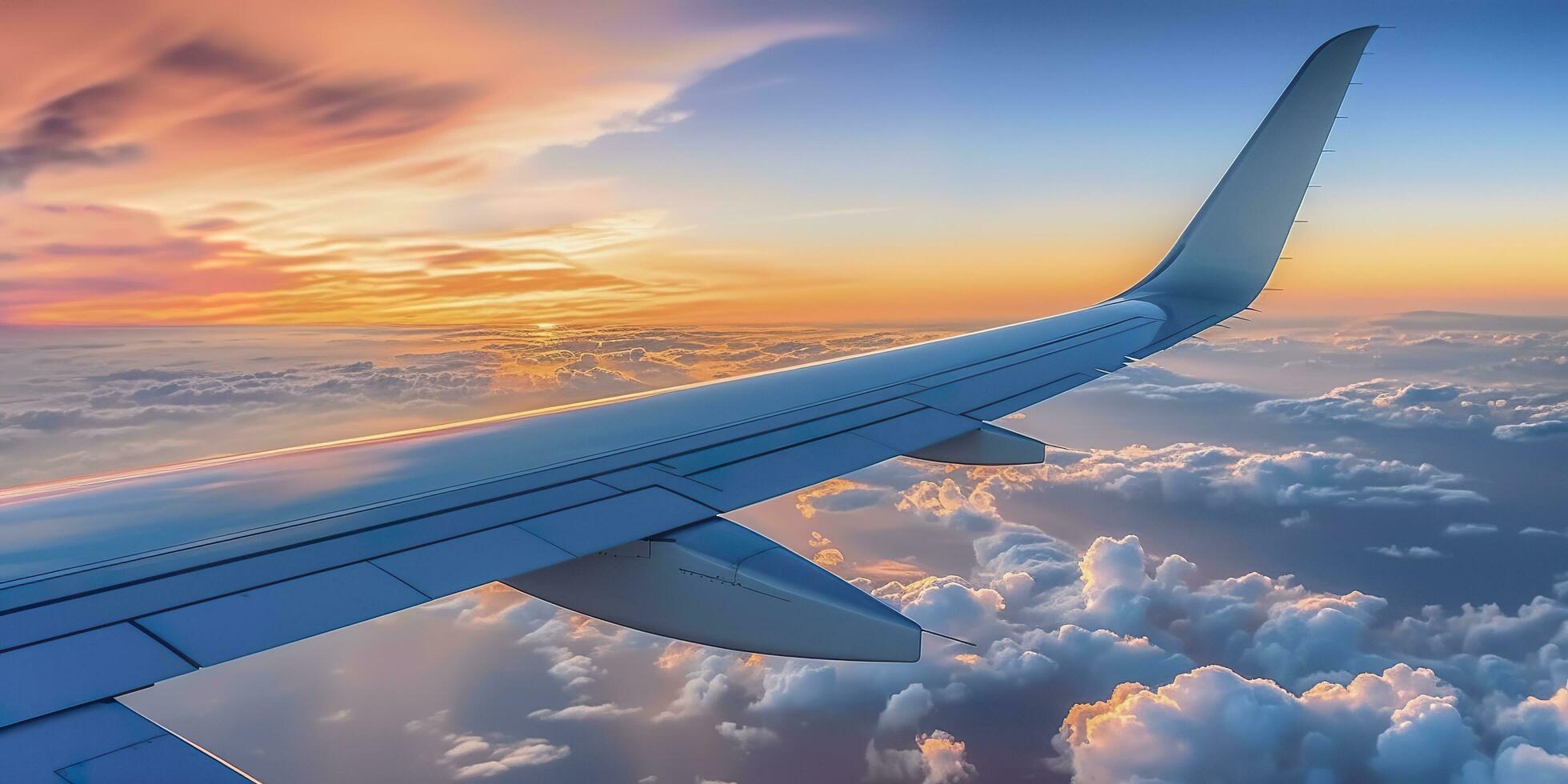 Airplane plane wing at sunset time through clouds, AI Generative photo