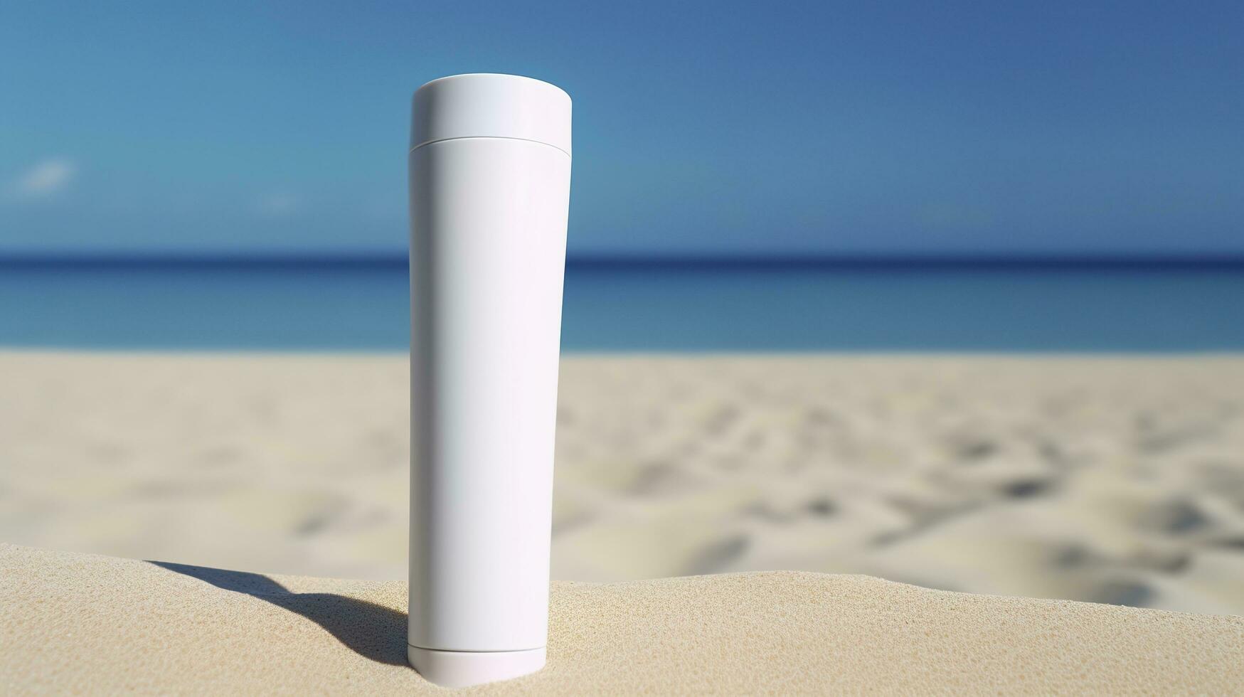 Blank empty white plastic tube. Sunscreen lotion on a sandy beach, summer composition with sunglasses, blue sea as background, copy space. Summer vacation and skin care concept, AI Generative photo