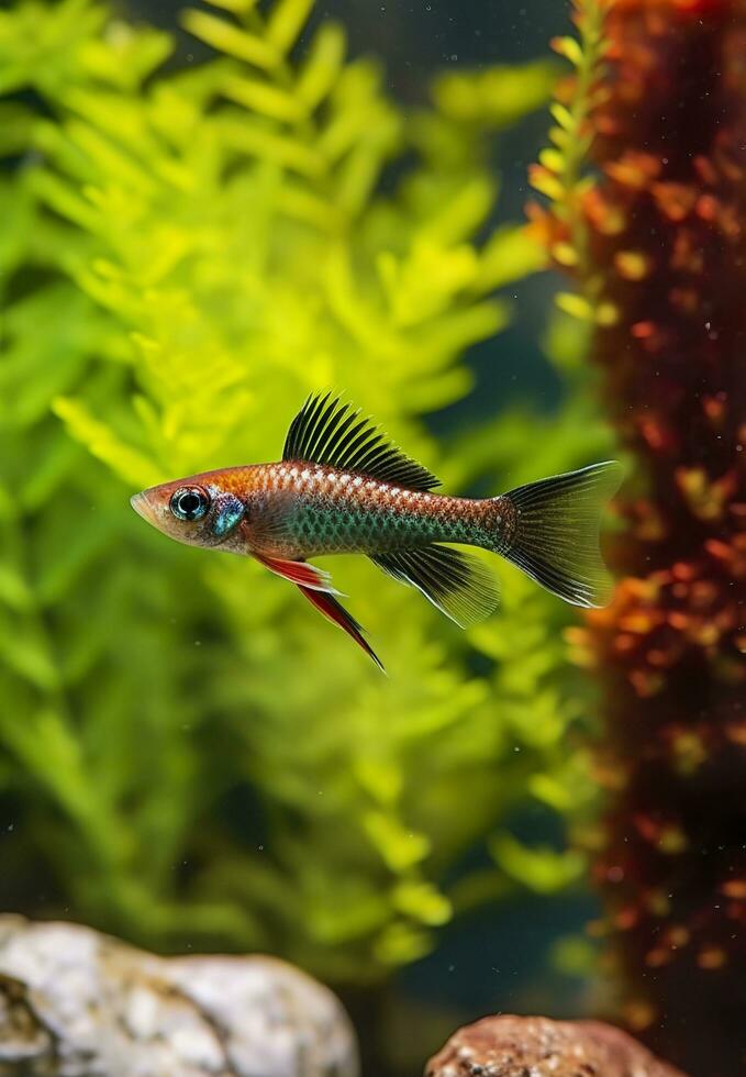 en el acuario con plantas y piedras el cola espinosa tiene un variedad de color variedades incluso rojo, naranja, amarillo, azul y verde. ai generativo foto