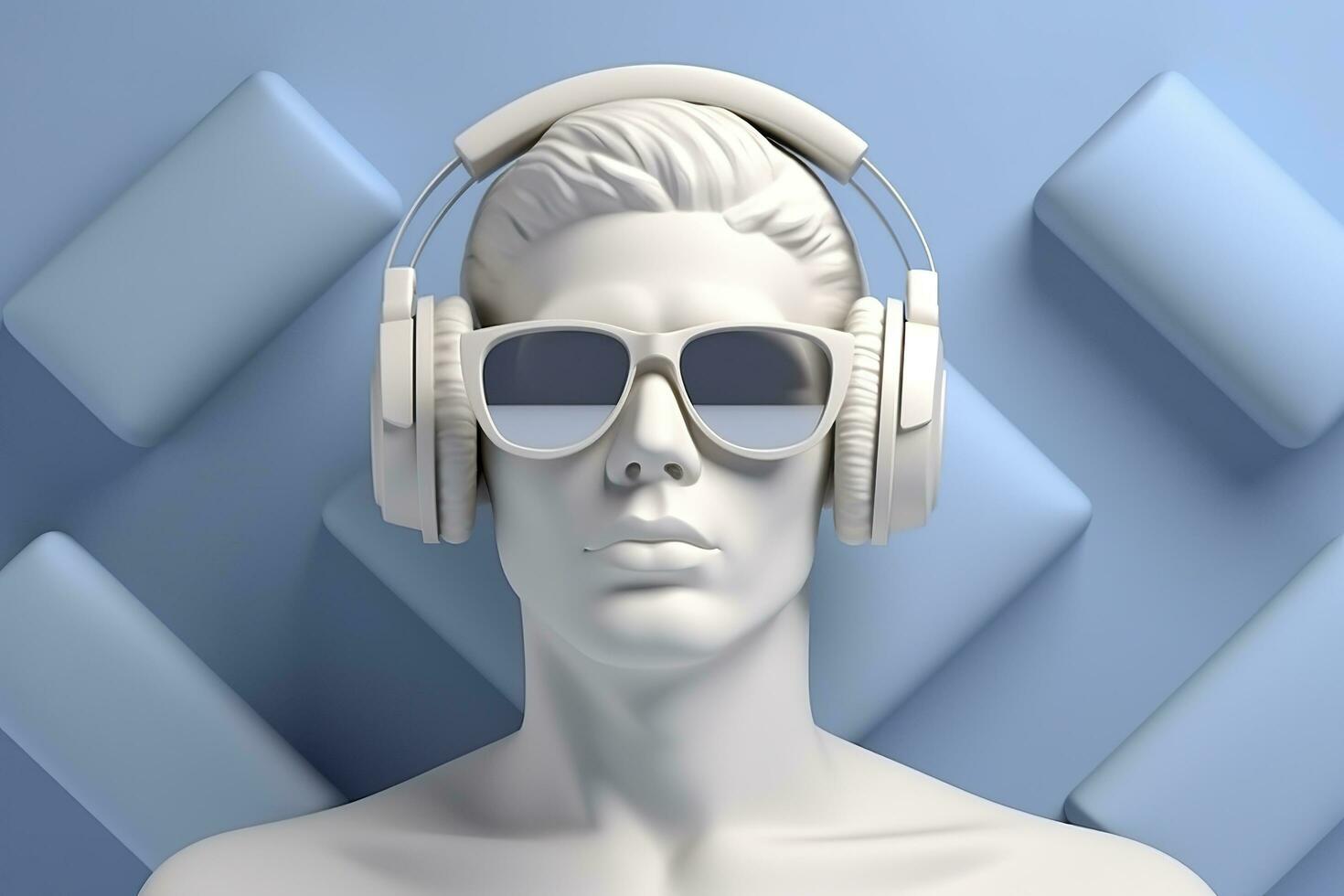 Minimal scene of sunglasses and headphones on human head sculpture, Music concept, 3d rendering. AI Generative photo