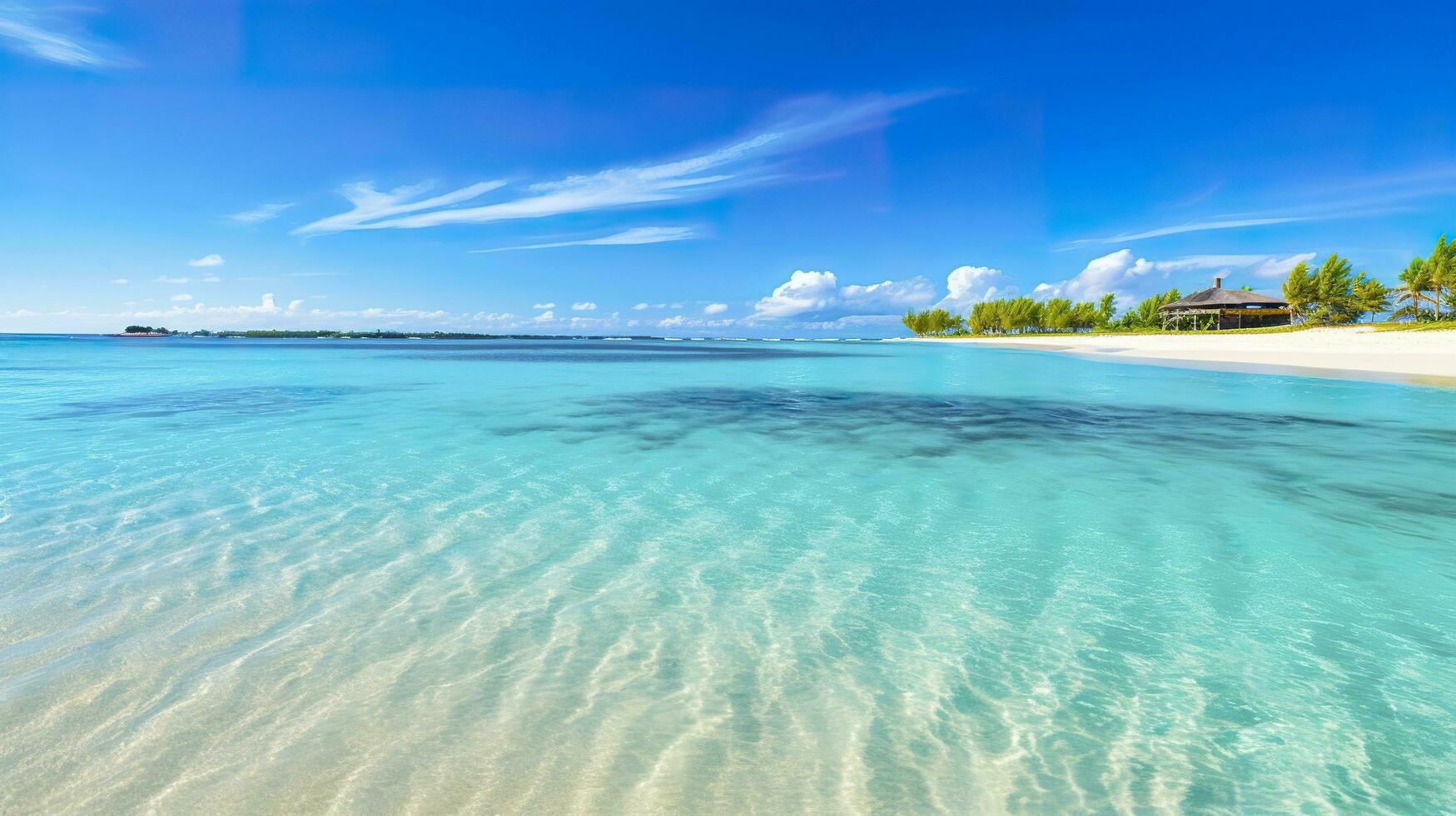 tropical paraíso playa con blanco arena y cristal claro azul agua. hermosa natural verano vacaciones Días festivos antecedentes. viaje turismo amplio panorama antecedentes concepto. ai generativo foto