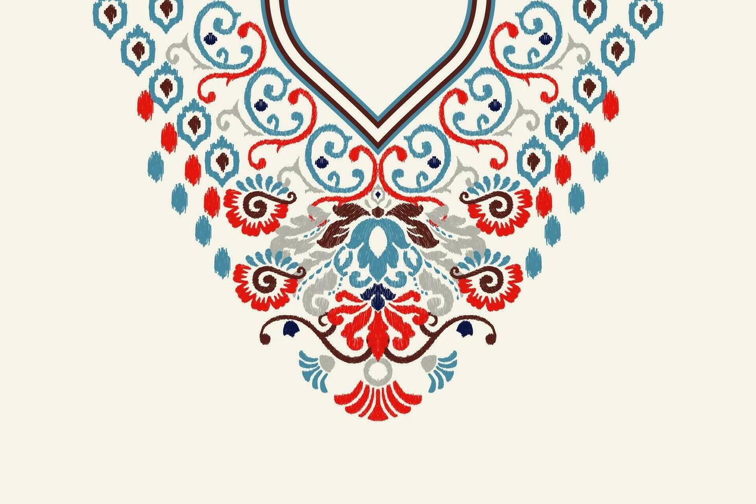 hermosa floral escote ikat cachemir bordado en blanco fondo.boho escote patrones tradicional.azteca estilo resumen vector ilustración.diseño para textura,tela,ropa,envoltura,decoración