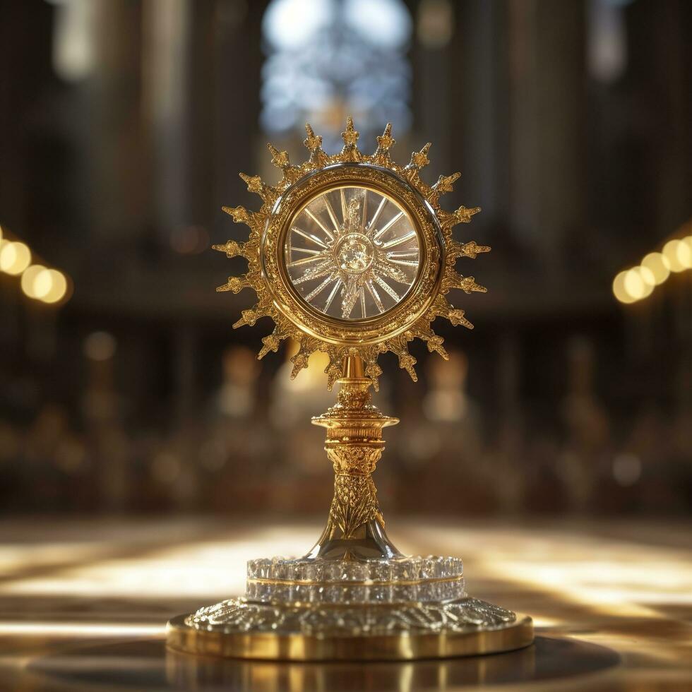 The golden monstrance with a little transparent crystal center, consecrated host. church defocused background. AI Generative photo