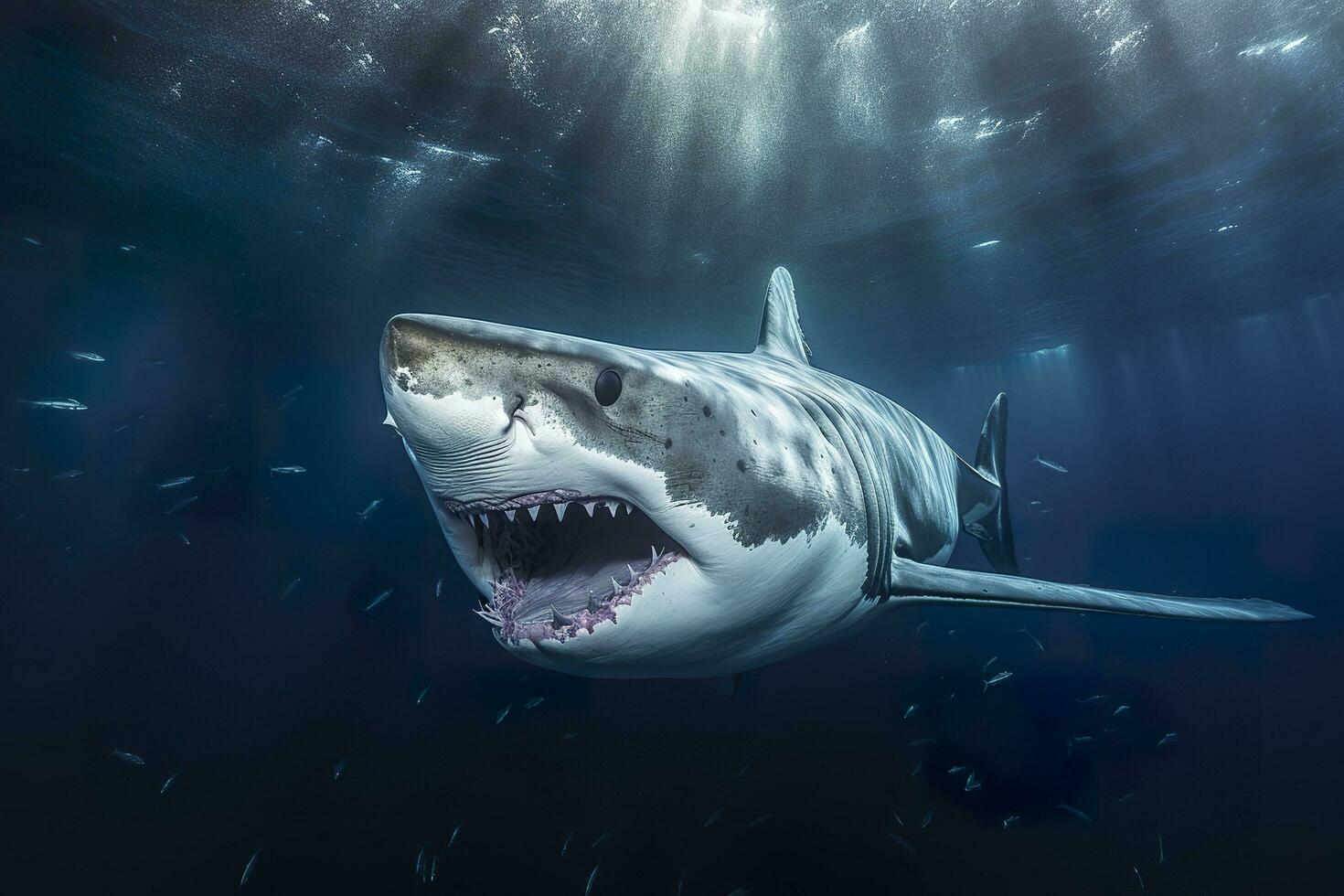 el Rey de el océano, el genial blanco masculino tiburón cazador submarino vista, guadalupe isla, México. ai generativo foto