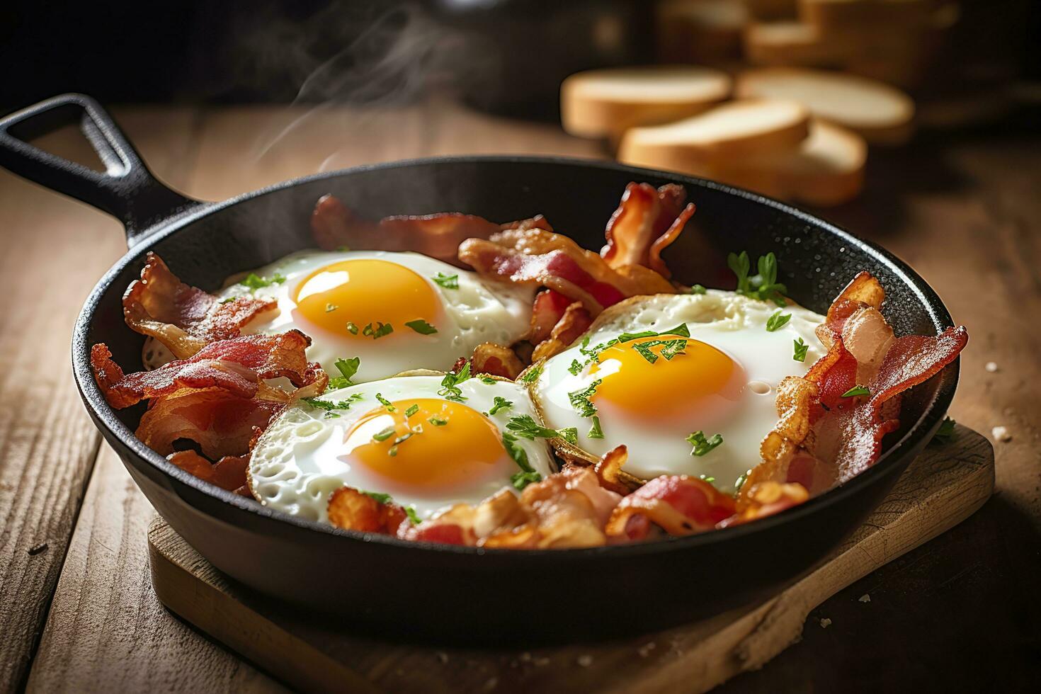 Bacon and eggs in a pan. Composition with tasty fried eggs and bacon on wooden table. AI Generative photo