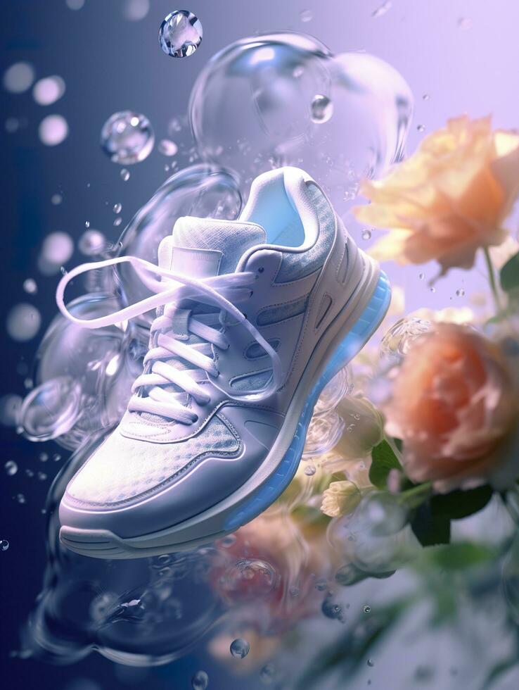 Sports shoes surrounded by transparent flowers, splashing with water droplets, emitting light white blue, AI Generative photo