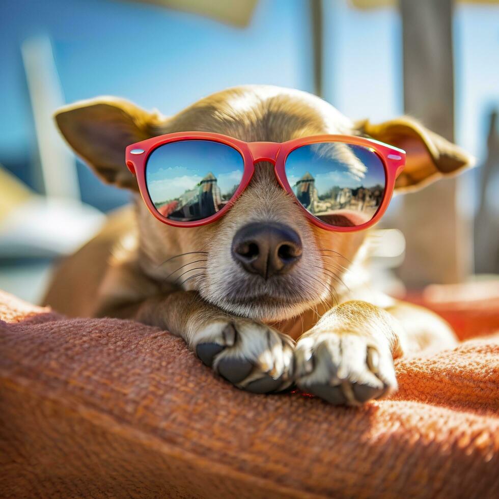 Dog Puppy wearing sunglasses, lying on a sunbed to sunbath at the beach sea on summer vacation, holidays. Funny concept. AI Generative photo