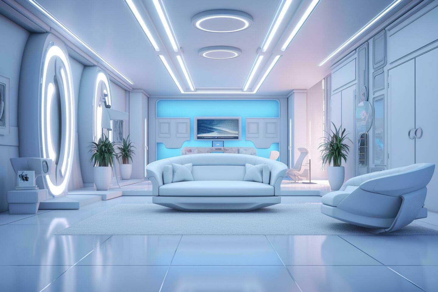 A professional and eye catching light blue with white living room in the metaverse.  AI Generative photo