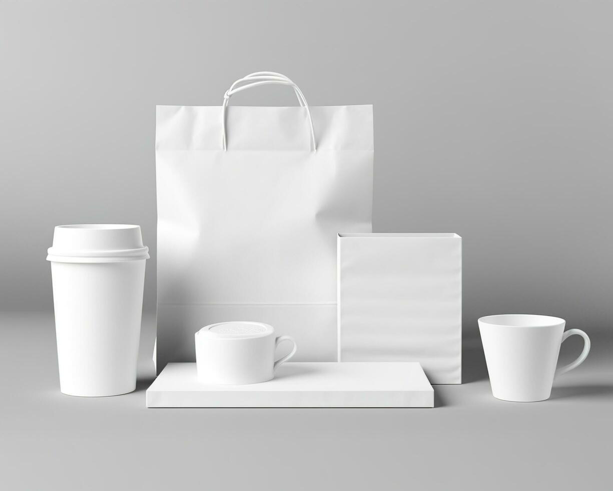 Blank bag, coffee mug, and cup on a light background. Generative AI photo