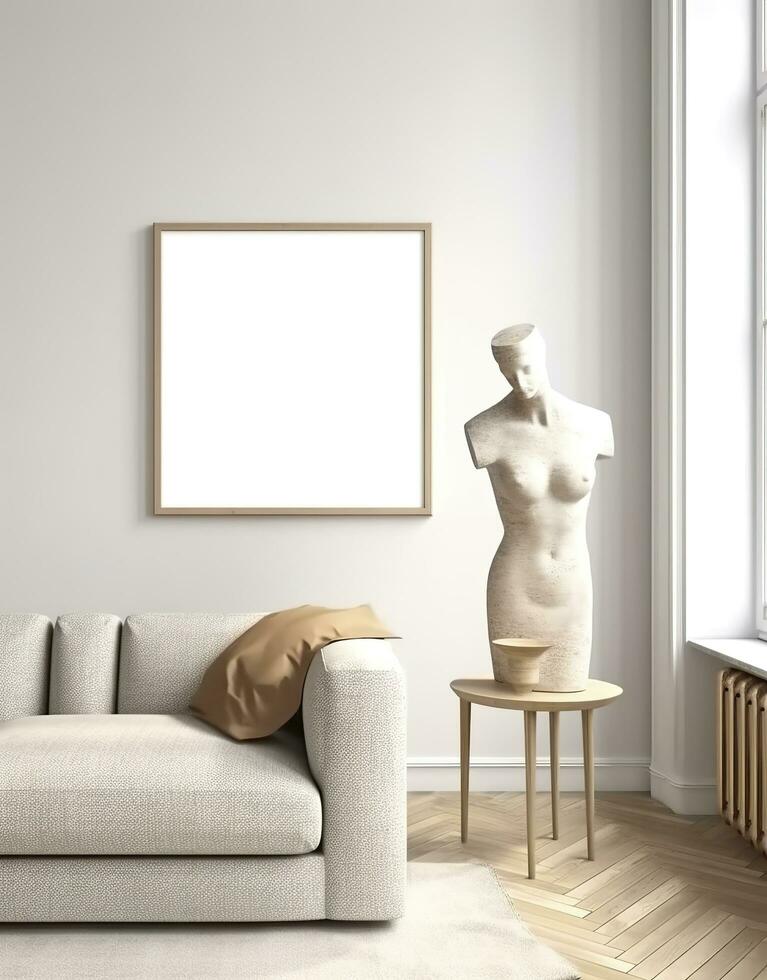 Mockup frame in contemporary Scandinavian living room interior, 3d render. AI Generative photo