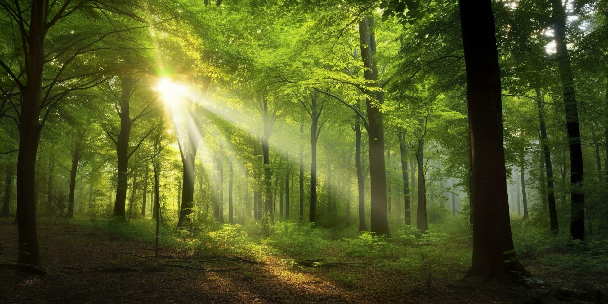 Beautiful rays of sunlight in a green forest. Generative AI photo