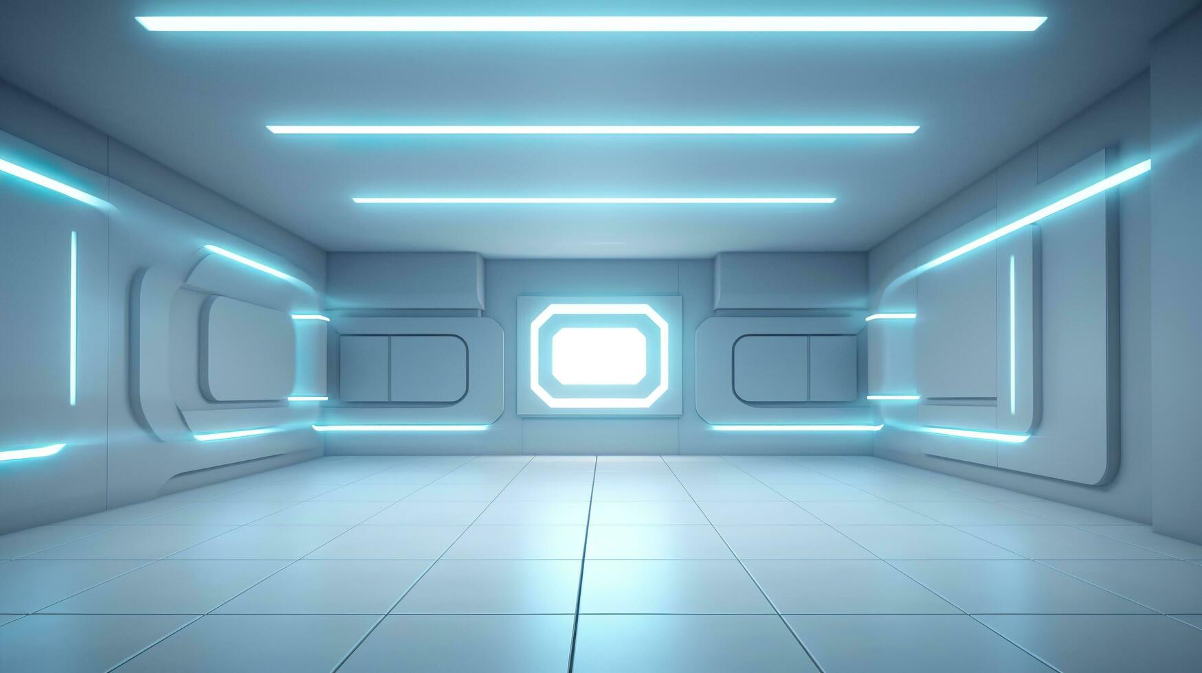 Empty Wall in a Futuristic Sci Fi Living Room with Light Yellow, Light Cyan, and Light Blue Neon. AI Generative photo