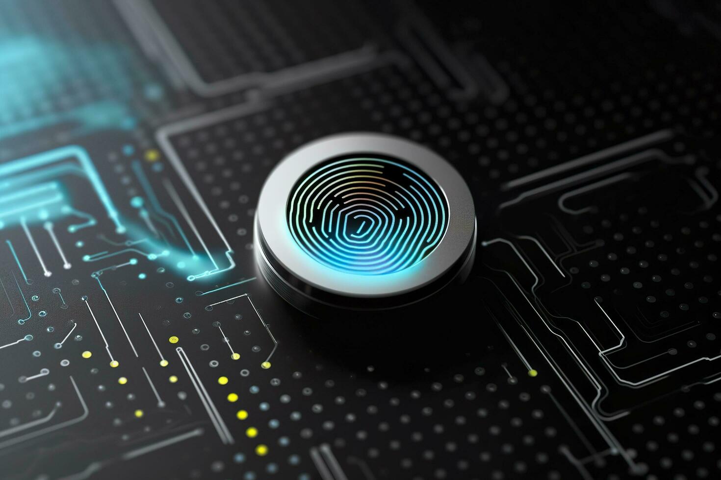 Fingerprint Authentication Button. Biometric Security. Identification and cyber security concept. Glowing neon fingerprint on dark background. AI Generative photo