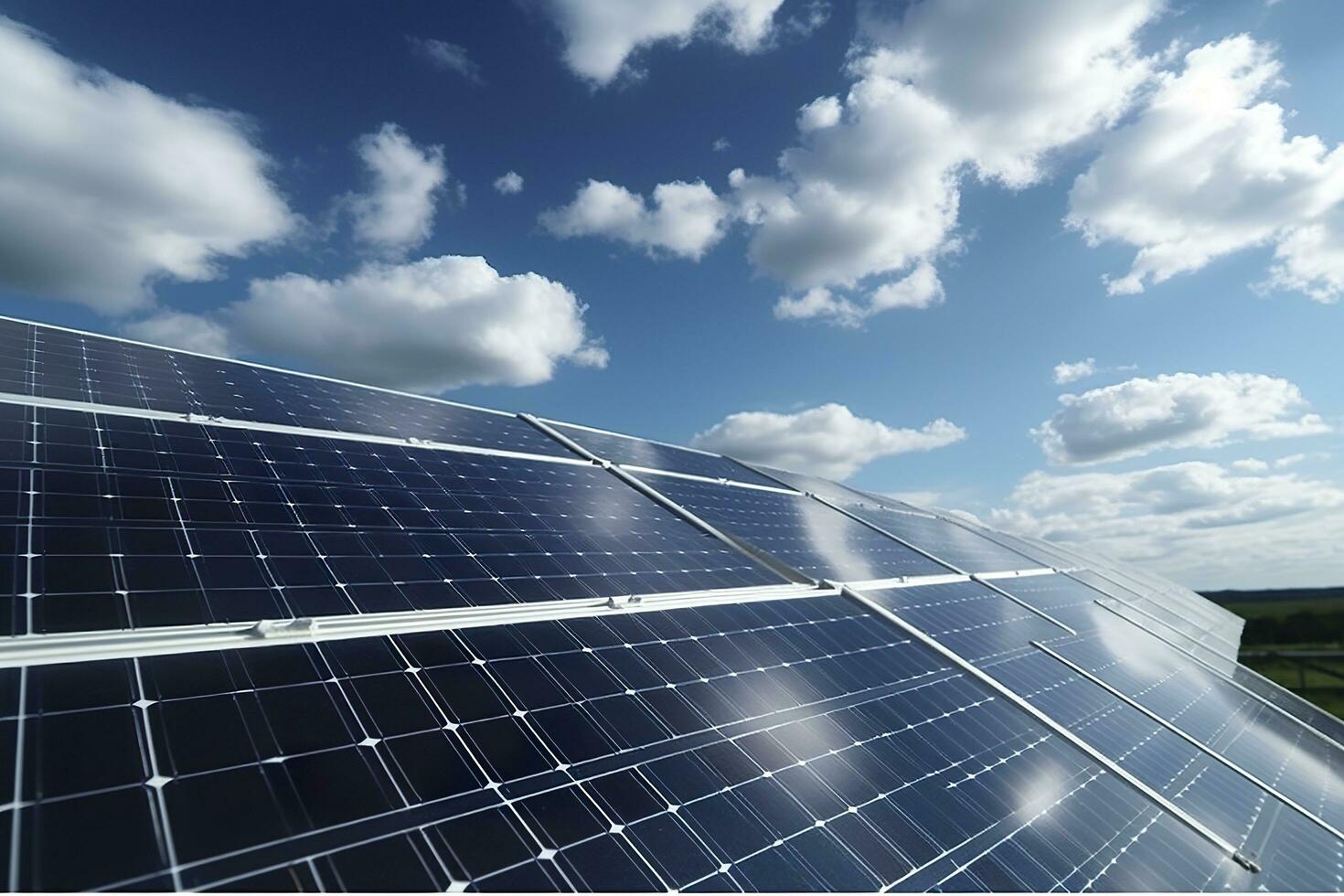 solar paneles debajo el antecedentes de azul cielo y blanco nubes ai generativo foto