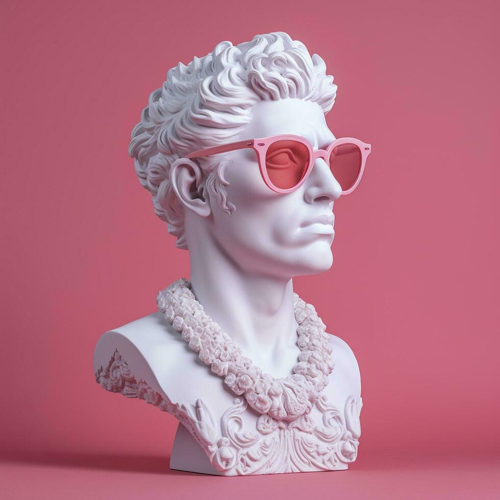 The head of a white mythological statue with fashionable pink glasses on his eyes, frame in profile. AI Generative photo