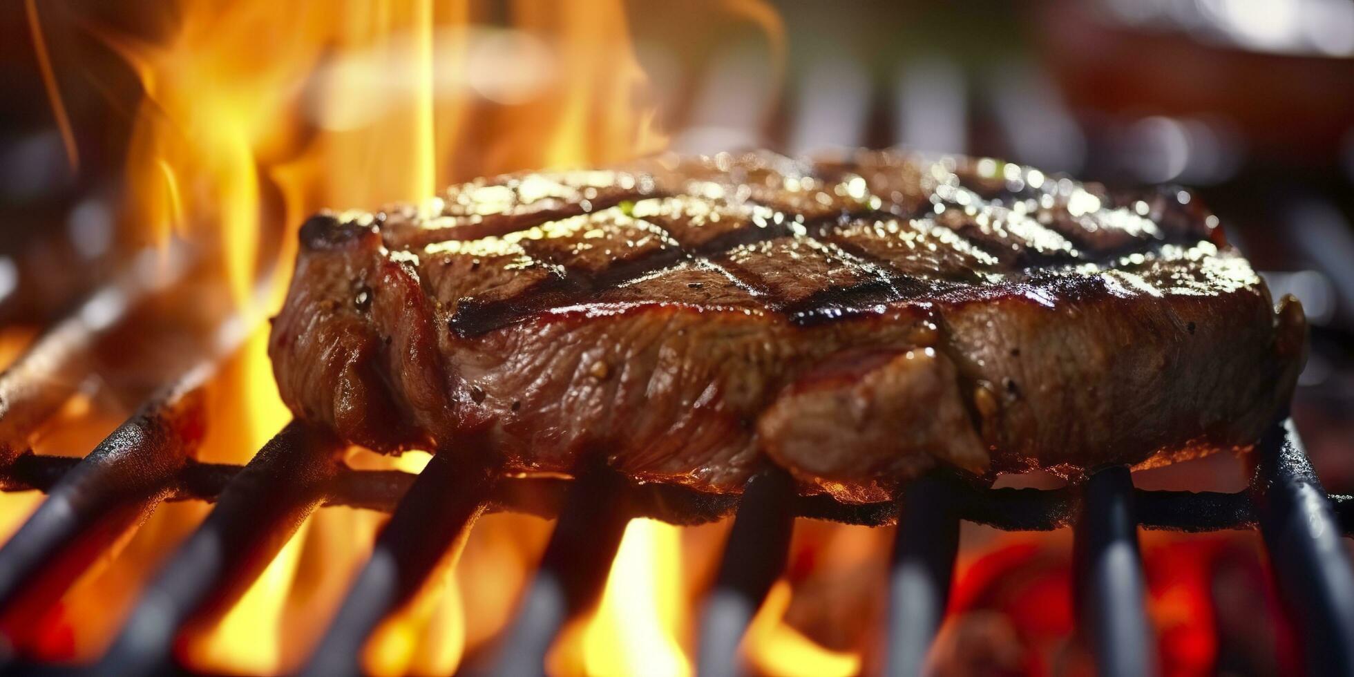 Beef ribeye steak grilling on a flaming grill. Generative AI photo