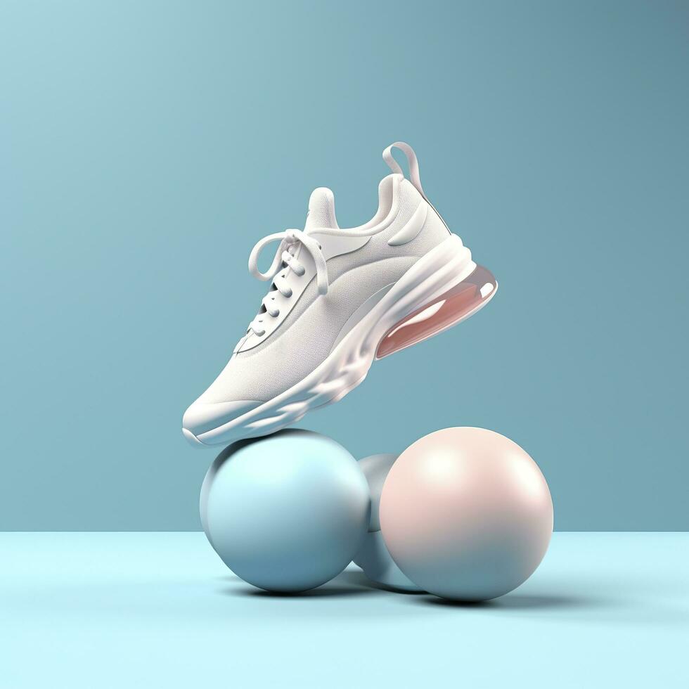 Sports shoes with a ball, clean and simple background, bright light blue background color, AI Generative photo