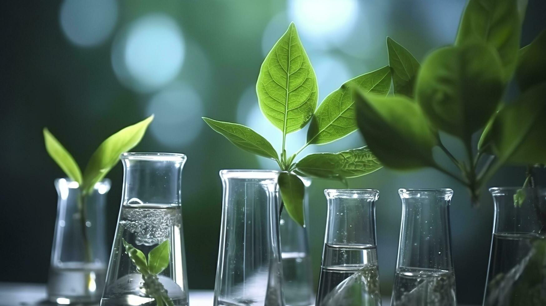 Biotechnology concept with green plant leaves, laboratory glassware, and conducting research, illustrating the powerful combination of nature and science in medical advancements.  AI Generative photo