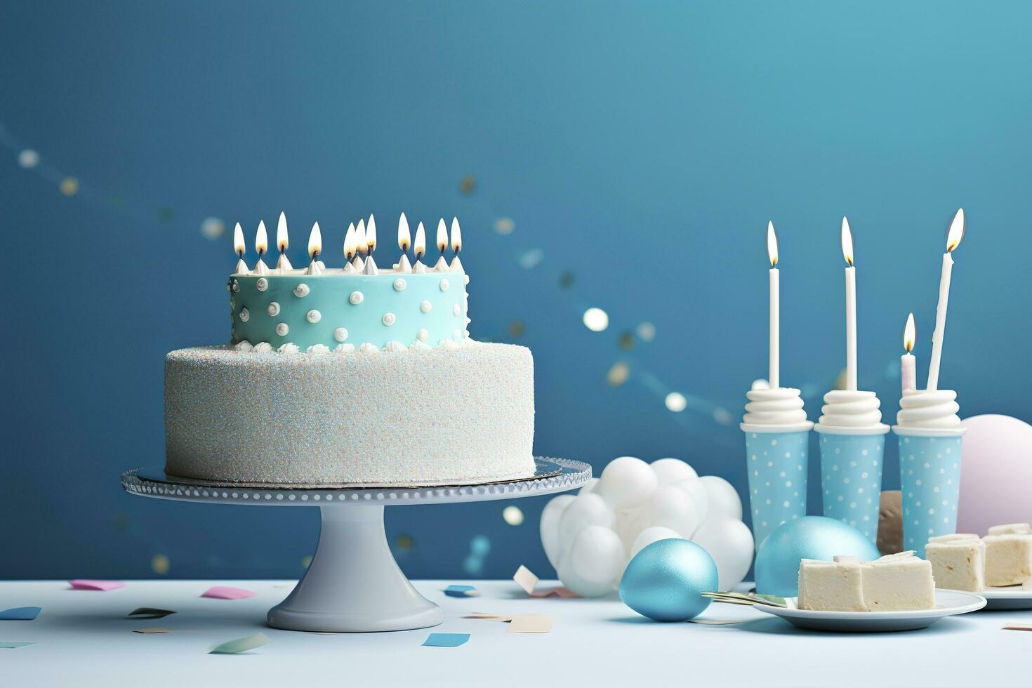 Birthday cake with candles and sweets on white table near blue wall. Generative AI photo