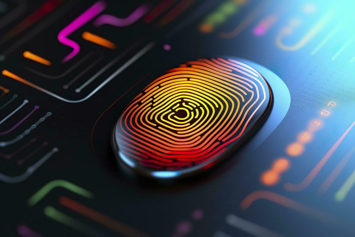 Fingerprint Authentication Button. Biometric Security. Identification and cyber security concept. Glowing neon fingerprint on dark background. AI Generative photo