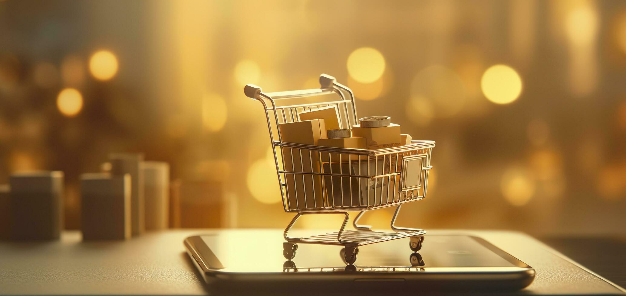 E-Commerce Shopping Cart with Multiple Products. A Sunlit Abstract Background. E-commerce concept. AI Generative photo
