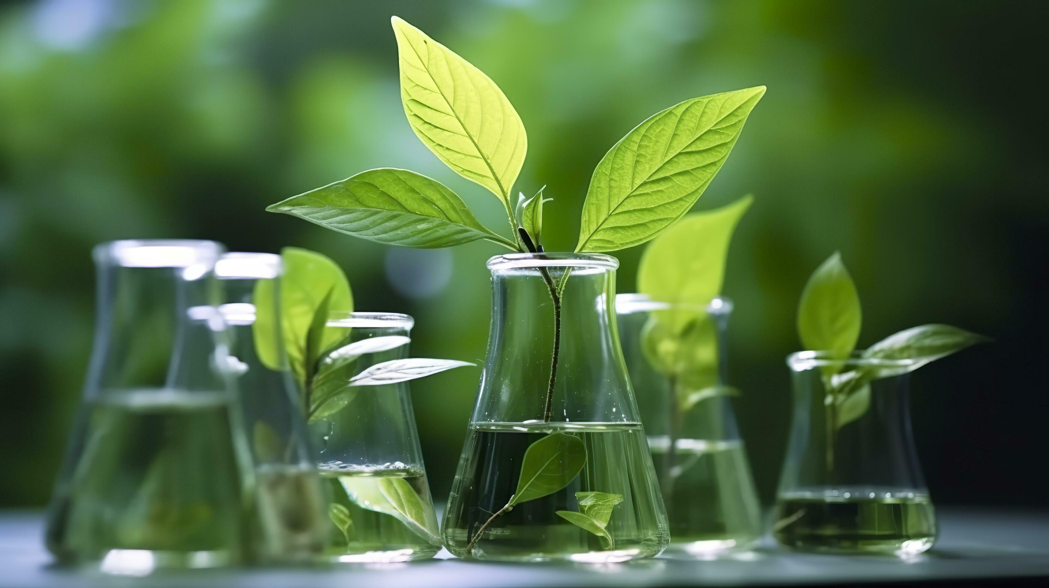 Biotechnology concept with green plant leaves, laboratory glassware