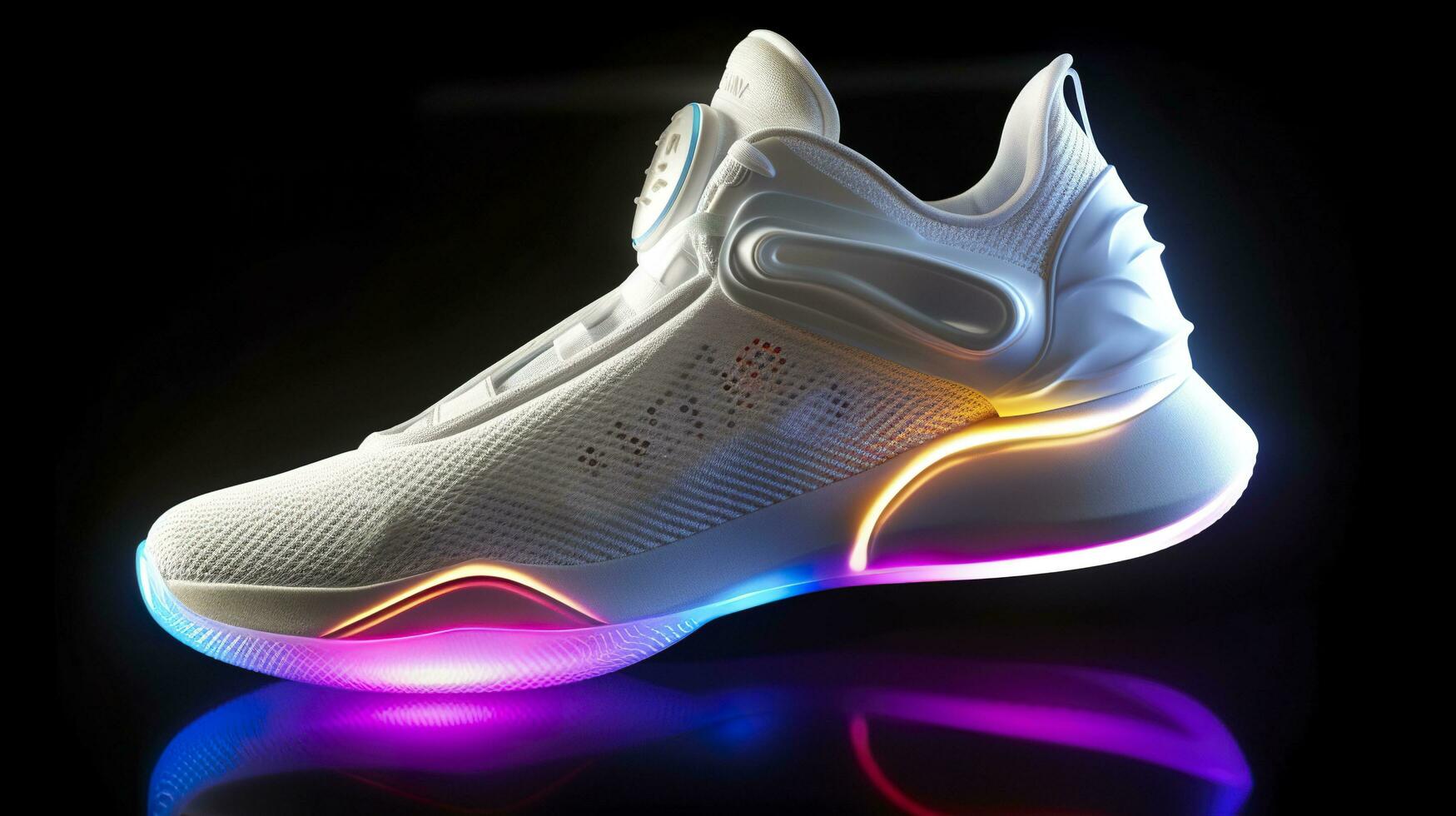 Futuristic fashion original sneakers. Future design of stylish sports shoes with neon glow, futuristic urban aesthetics. Sportswear, style and fashion, tomorrow footwear. AI Generative photo