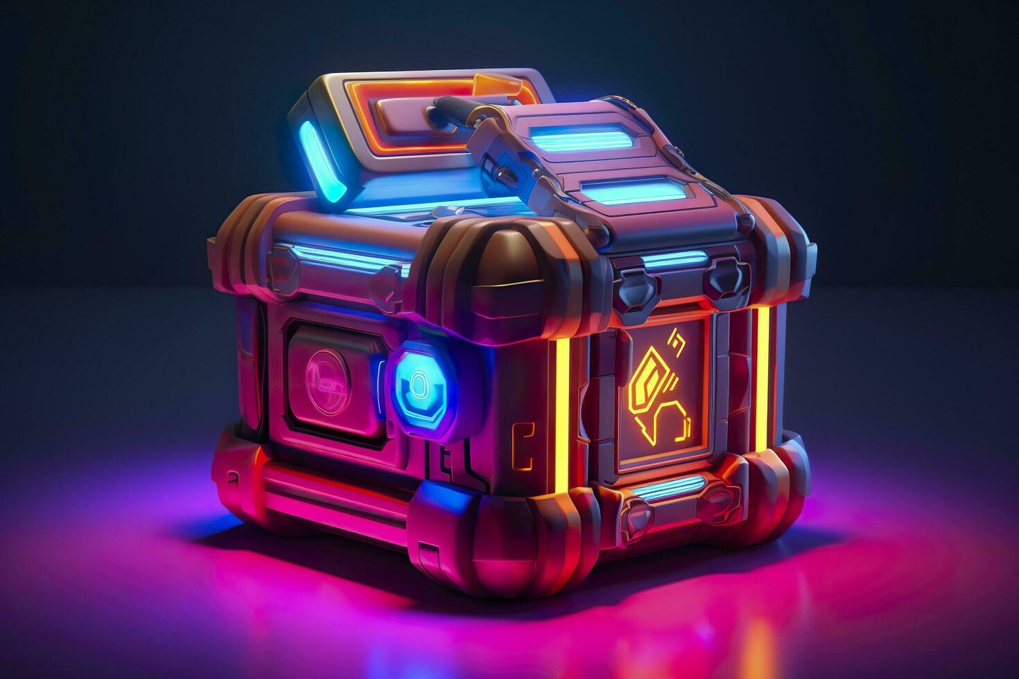 Modern and Futuristic Neon Digital Gaming Chest in Cartoon Pixar 3D Blender Style. AI Generative photo