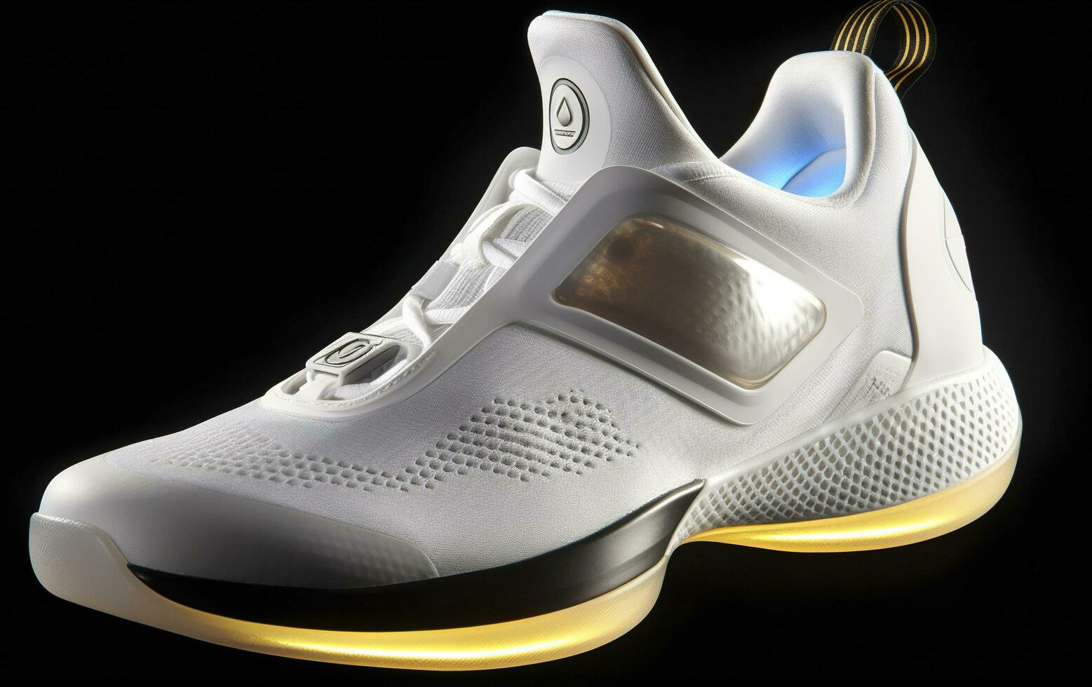 Futuristic fashion original sneakers. Future design of stylish sports shoes with neon glow, futuristic urban aesthetics. Sportswear, style and fashion, tomorrow footwear. AI Generative photo