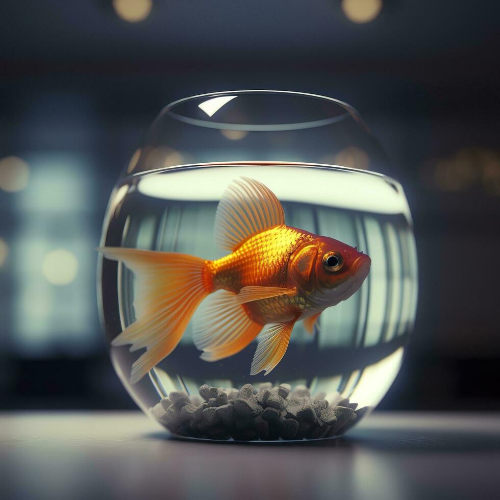 Beautifully colored goldfish swim in the clear aquarium water. 3d animation swimming goldfish.  AI Generative photo