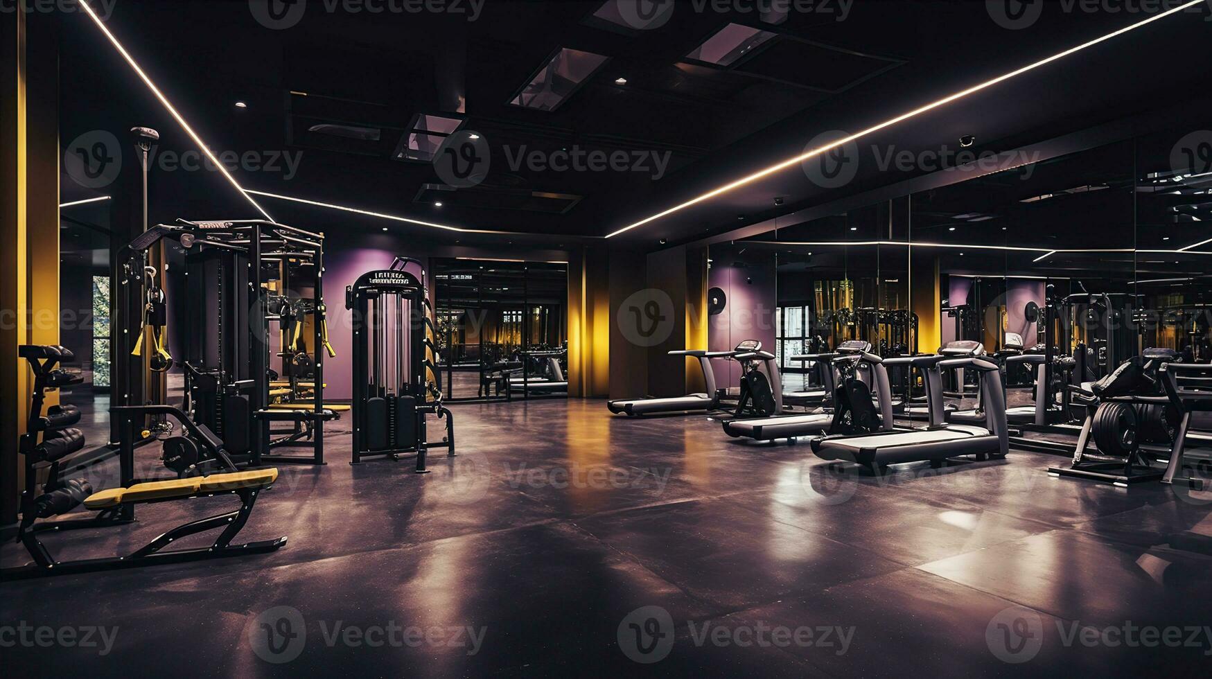 dentro gimnasio con moderno aptitud equipo para aptitud eventos y más. moderno de gimnasio interior con equipo. Deportes equipo en el gimnasia. creado con generativo ai foto