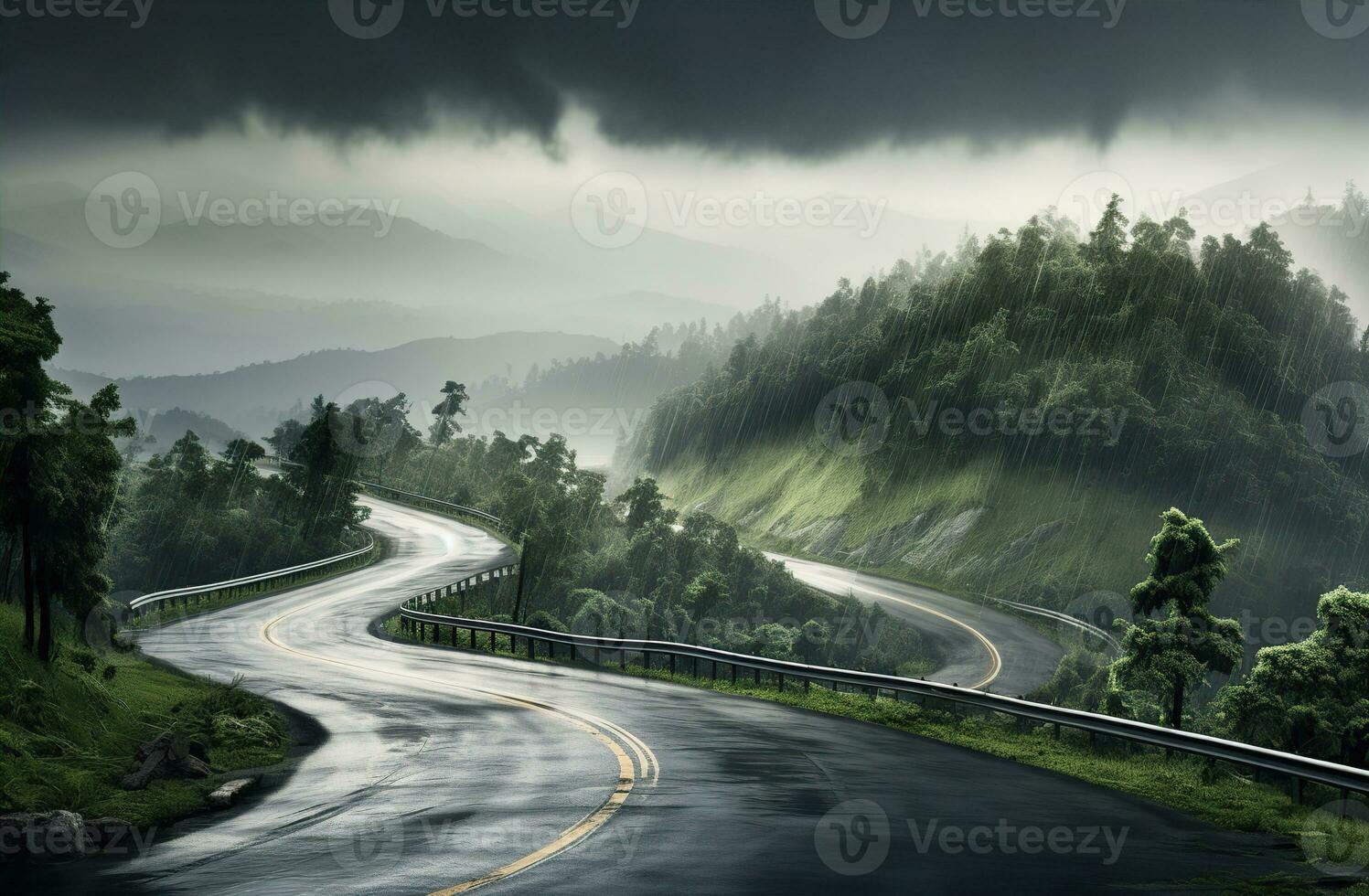 Landscape with empty road through woods. Travel. Created with Generative AI photo