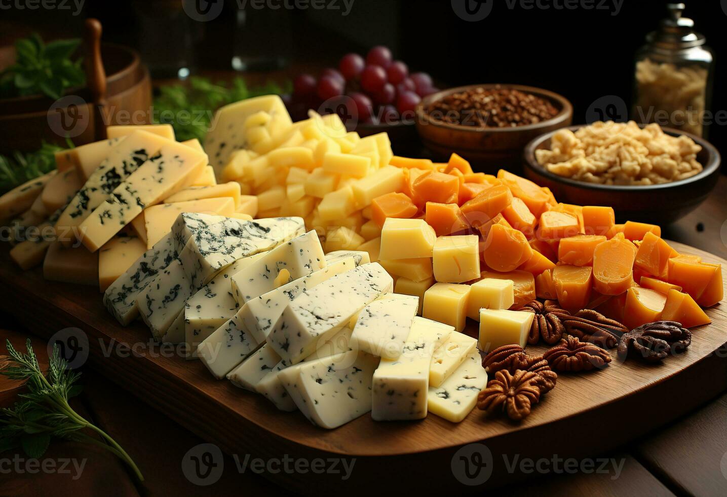 Various types of cheese on rustic wooden table. Created with Generative AI photo