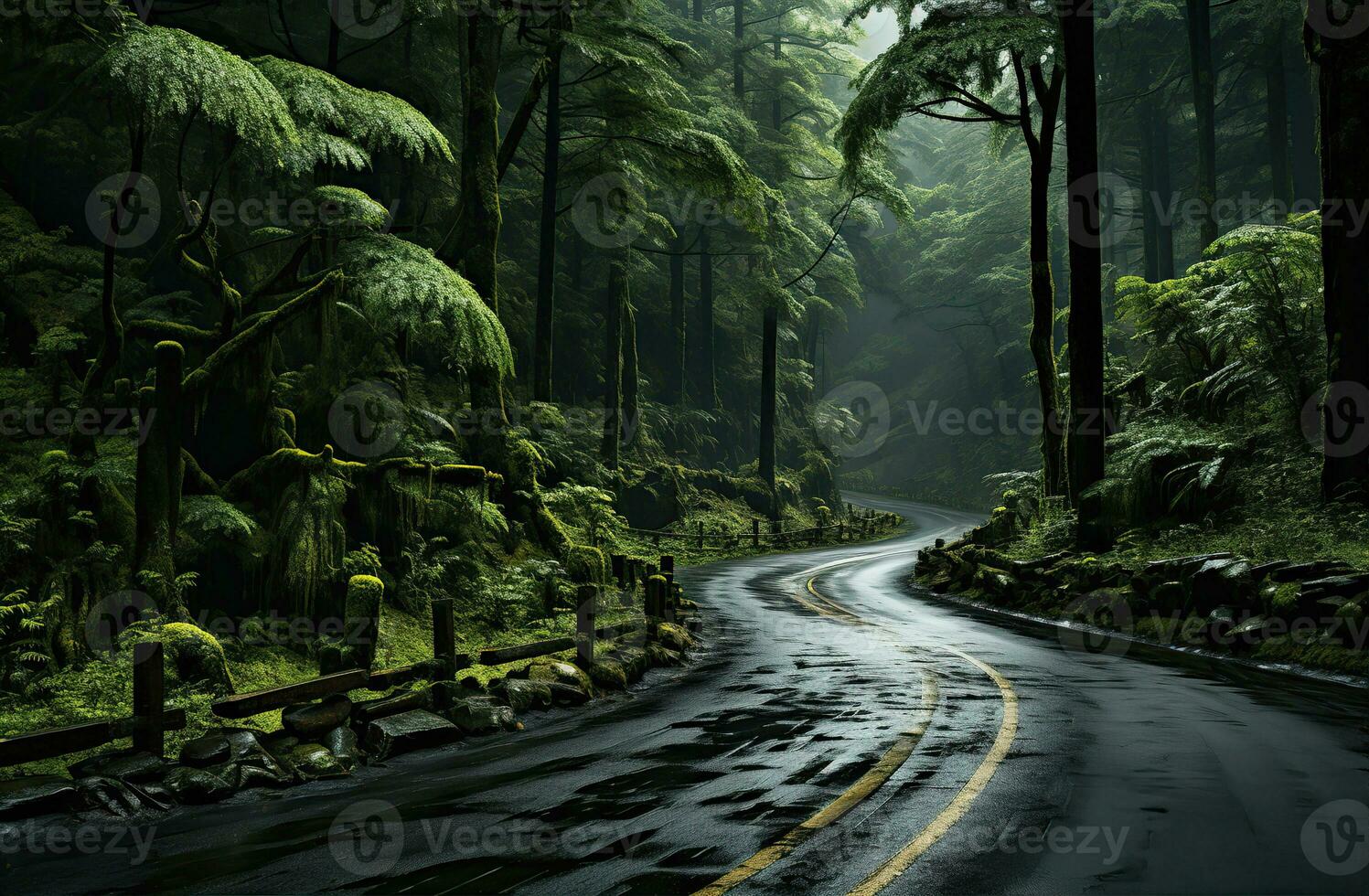 Landscape with empty road through woods. Travel. Created with Generative AI photo