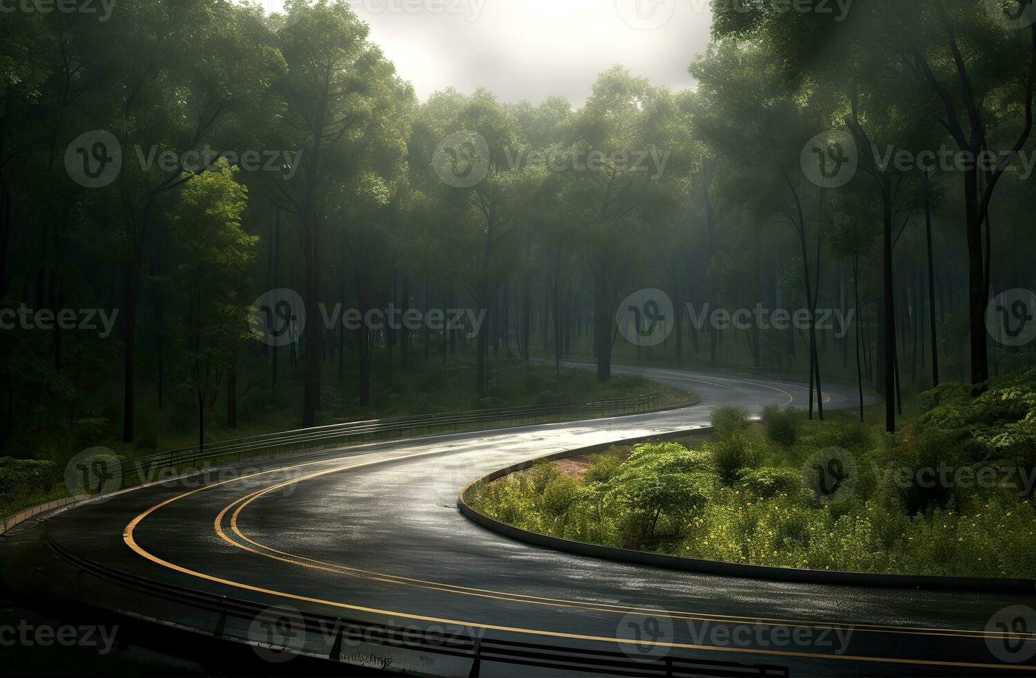 Landscape with empty road through woods. Travel. Created with Generative AI photo