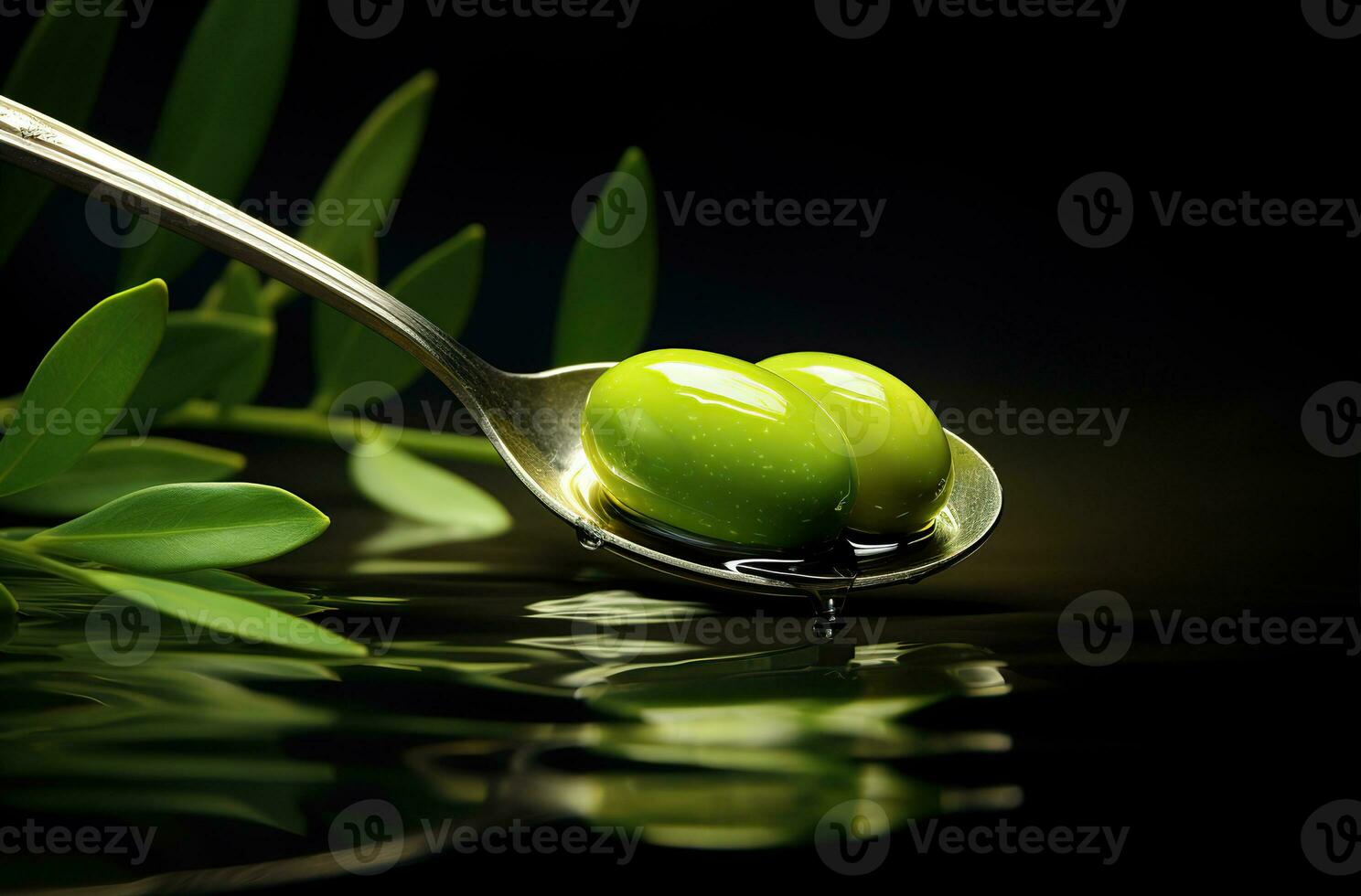 Olive oil on green olives with leaves. Created with Generative AI photo