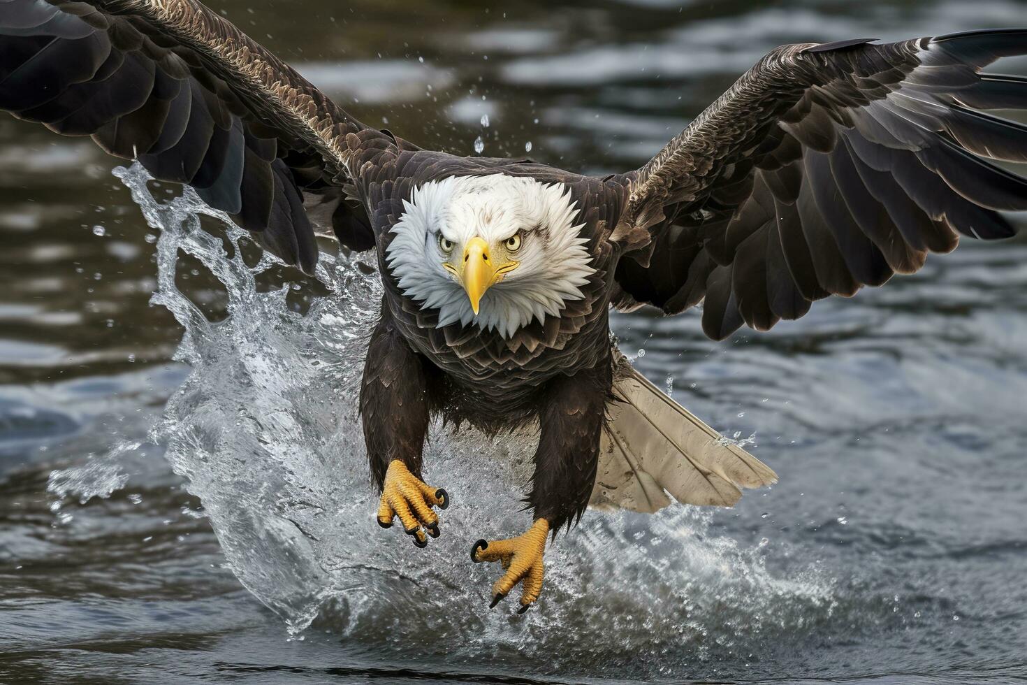 Fishing Bald Eagle, a bald eagle facing camera catches a fish out of the water, in the style of National Geographic contest winner, super telephoto close up. AI Generative photo