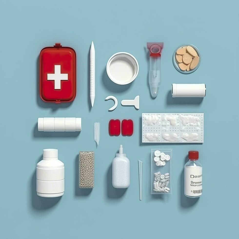 First aid kit top view on a blue background. Pills, plaster, thermometer, bandage, are laid out nearby, 3d render, AI Generative photo