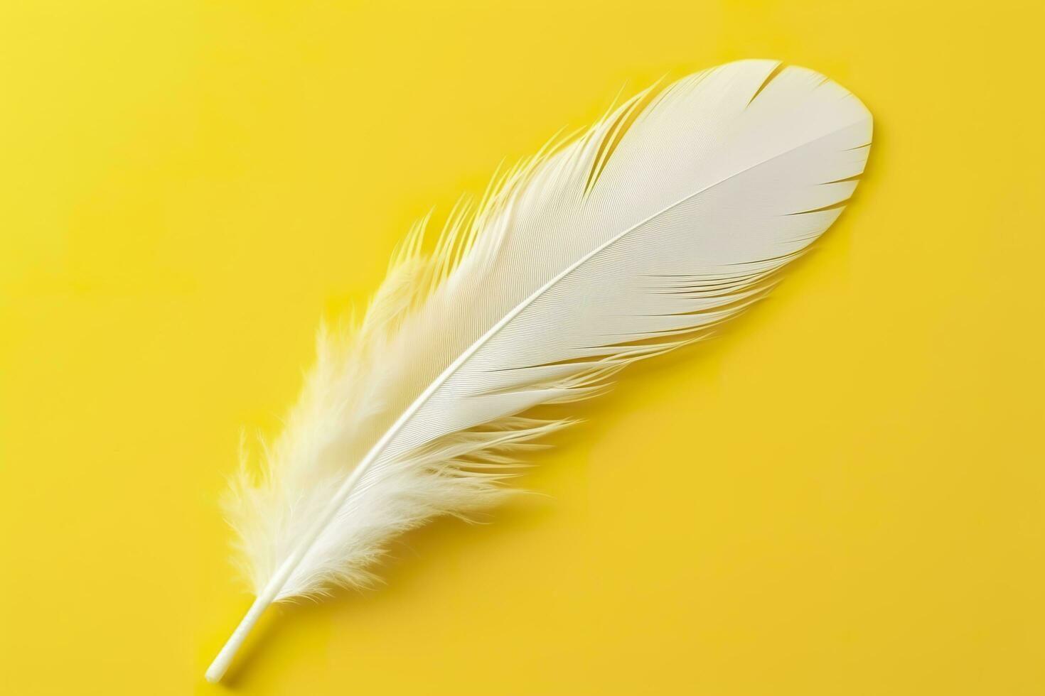 Close up of bright white feather. Copy space, yellow background. Fashion and Party concept. AI Generative photo