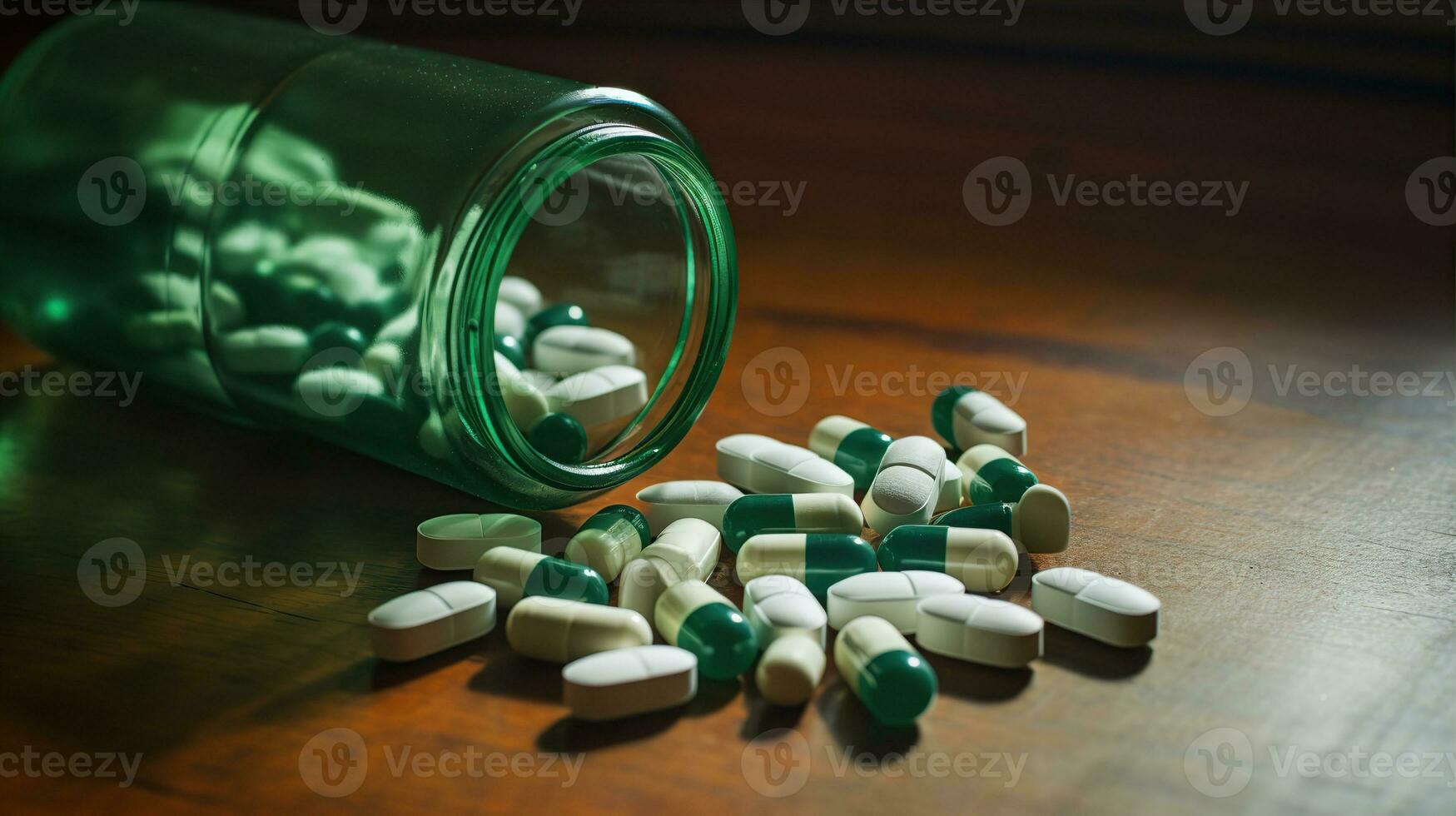 Pills tablets spilling on wood table. Created with Generative AI photo