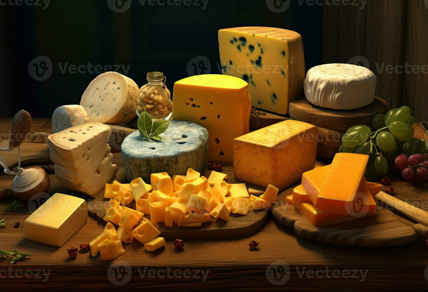 Various types of cheese on rustic wooden table. Created with Generative AI photo